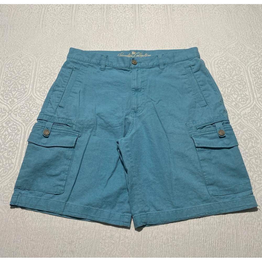 Paradise Collection Mens Teal Blue Linen Cotton Blend Cargo Shorts Size‎ 36